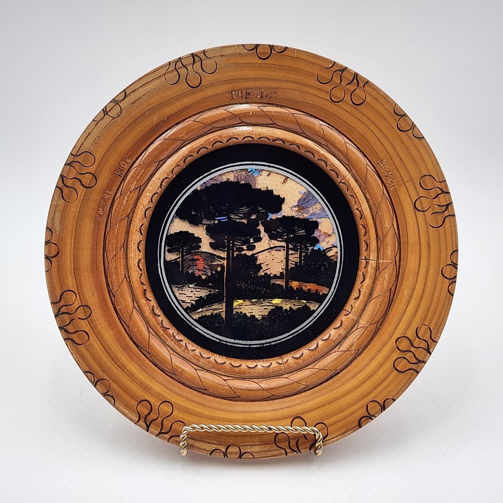 Vintage Brazil Butterfly Wing Art Wooden Plate Paraná Pine Tree Landscape